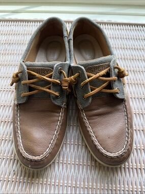 Sperry Men’s Tan Leather & Gray Canvas Boat Shoes